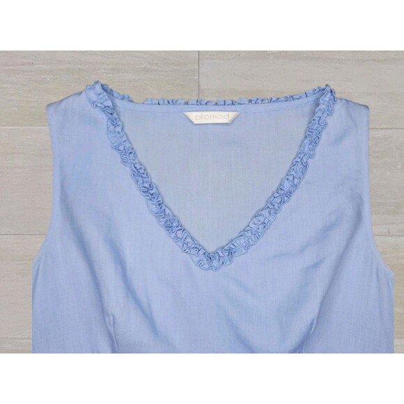 Promod Linen Ruffle V Neck Shell Top Sleeveless Size MED Blue Career Layering - Picture 5 of 10